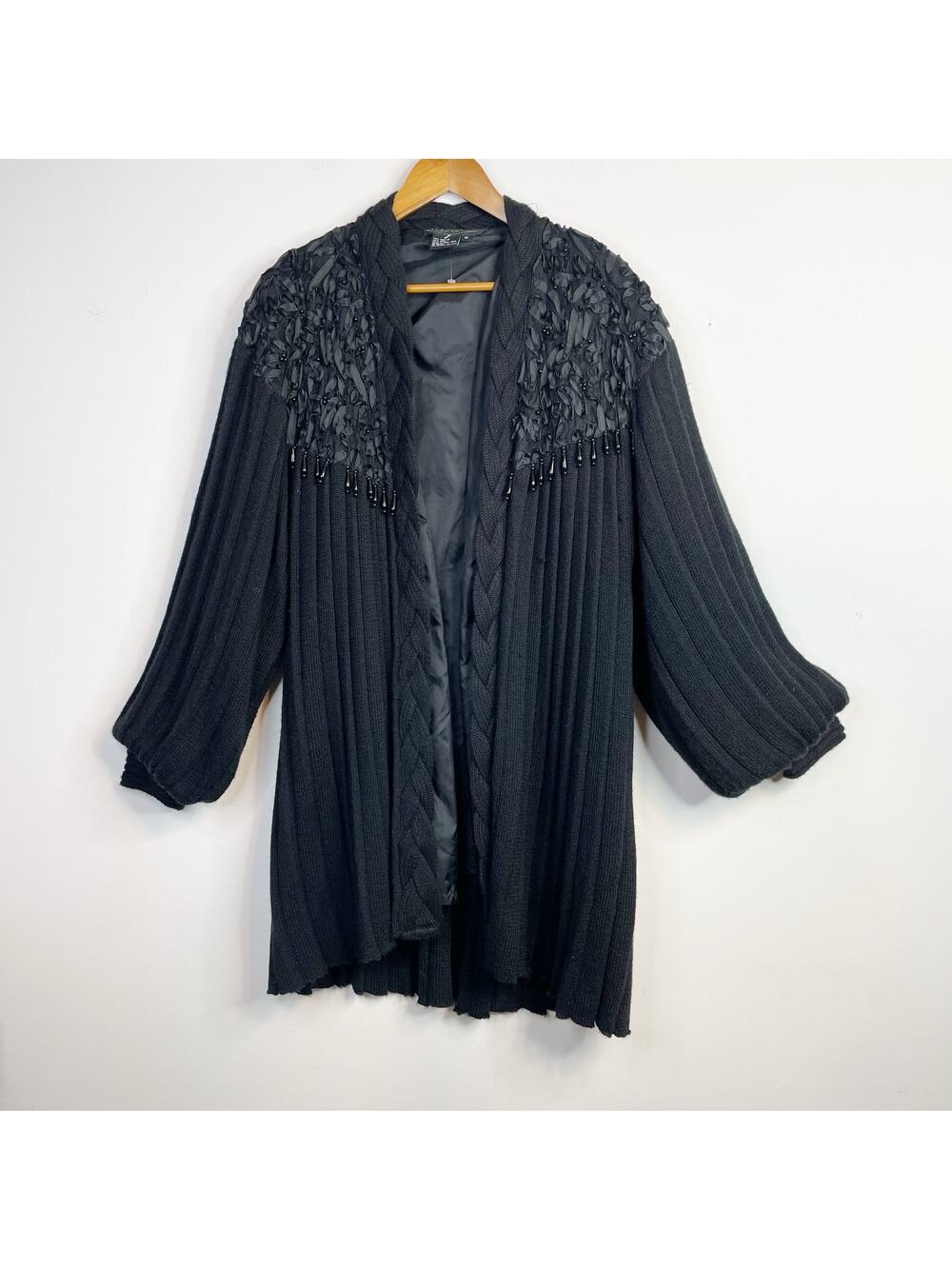Maurada Vintage 90s Wool Blend Beaded Lace Black Sweater Coat Balloon Sleeves M